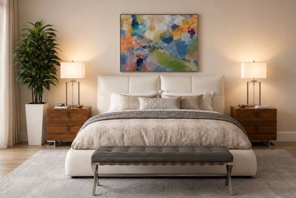 Contemporary luxury bedroom with a white leather king bed, walnut nightstands, colorful abstract artwork, gray bench, and neutral decor.