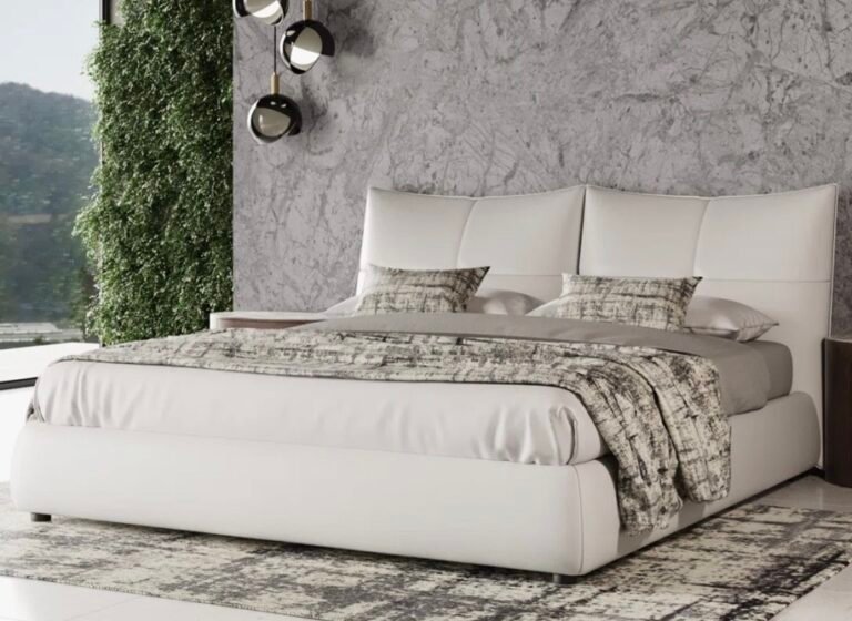 Contemporary soft and luxurious creamy white leather bed frame with pillow headboard