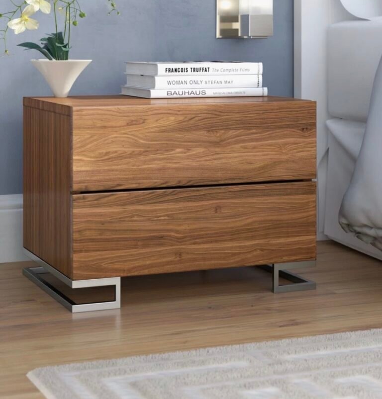 Walnut nightstand with contemporary flat panel drawer fronts and stainless steel legs
