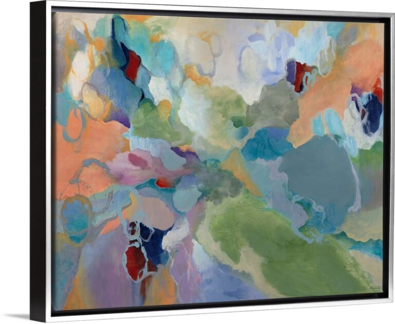 Contemporary colorful abstract artwork with floating silver frame